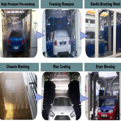 Mesin cuci mobil terowongan penuh otomatis Mesin cuci mobil tekanan tinggi 10 sikat Sistem cuci mobil rollover Sistem kontrol PLC Peralatan cuci mobil otomatis